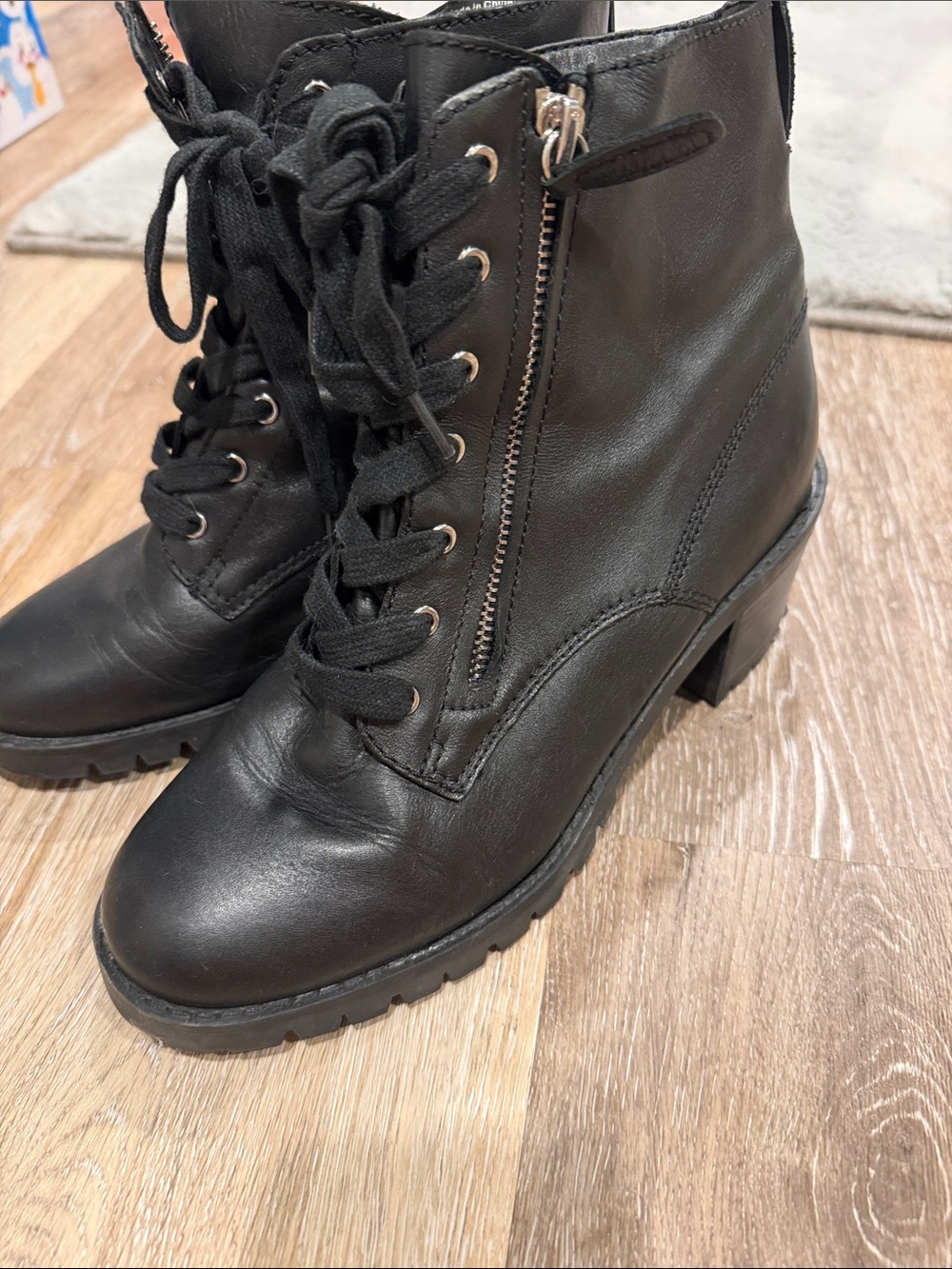 Aldo Black Leather Lace-Up Ankle Boots with Side Zip 7.5
